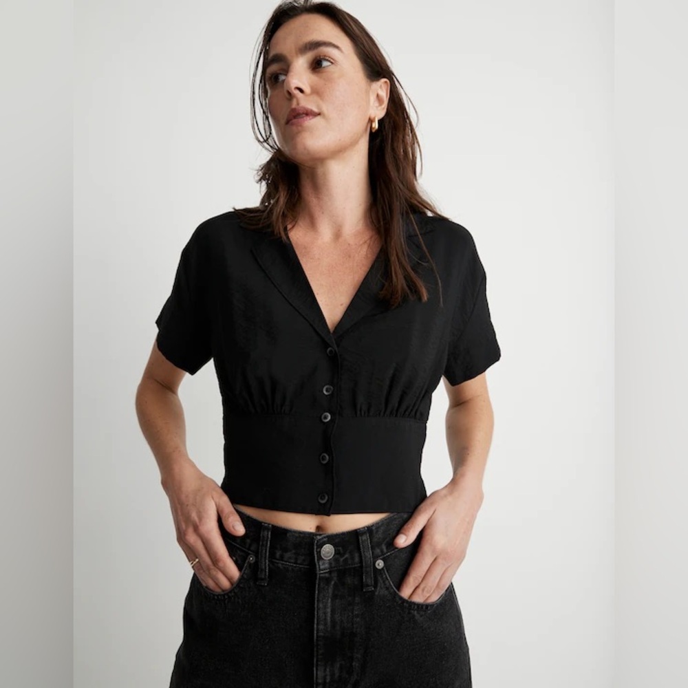 Madewell Drapey Banded-Bottom Button-Down Top - Picture 1 of 9